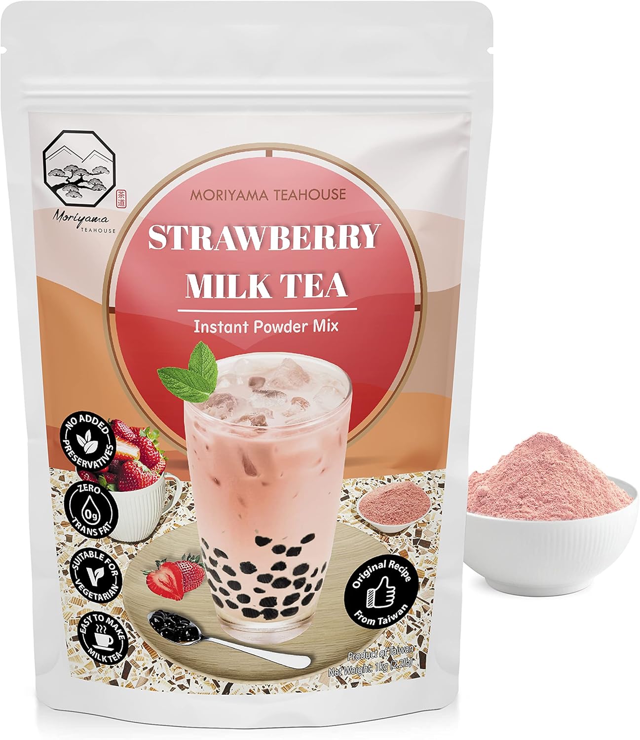 Strawberry Bubble Milk Tea Instant 3in1 Powder Mix - 1kg (33 Drinks) | For Boba Tea, Milkshake, Blended Frappe and Bakery | Authentic Taiwan Recipe | 0 Trans Fat, No Preservatives by Moriyama Teahouse