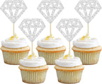 24Pcs Diamond Ring Cupcake Toppers Silver Glitter Diamond Wedding Ring Cupcake Picks for Marriage Engagement Anniversary Valentines Party Cake Decorations Supplies