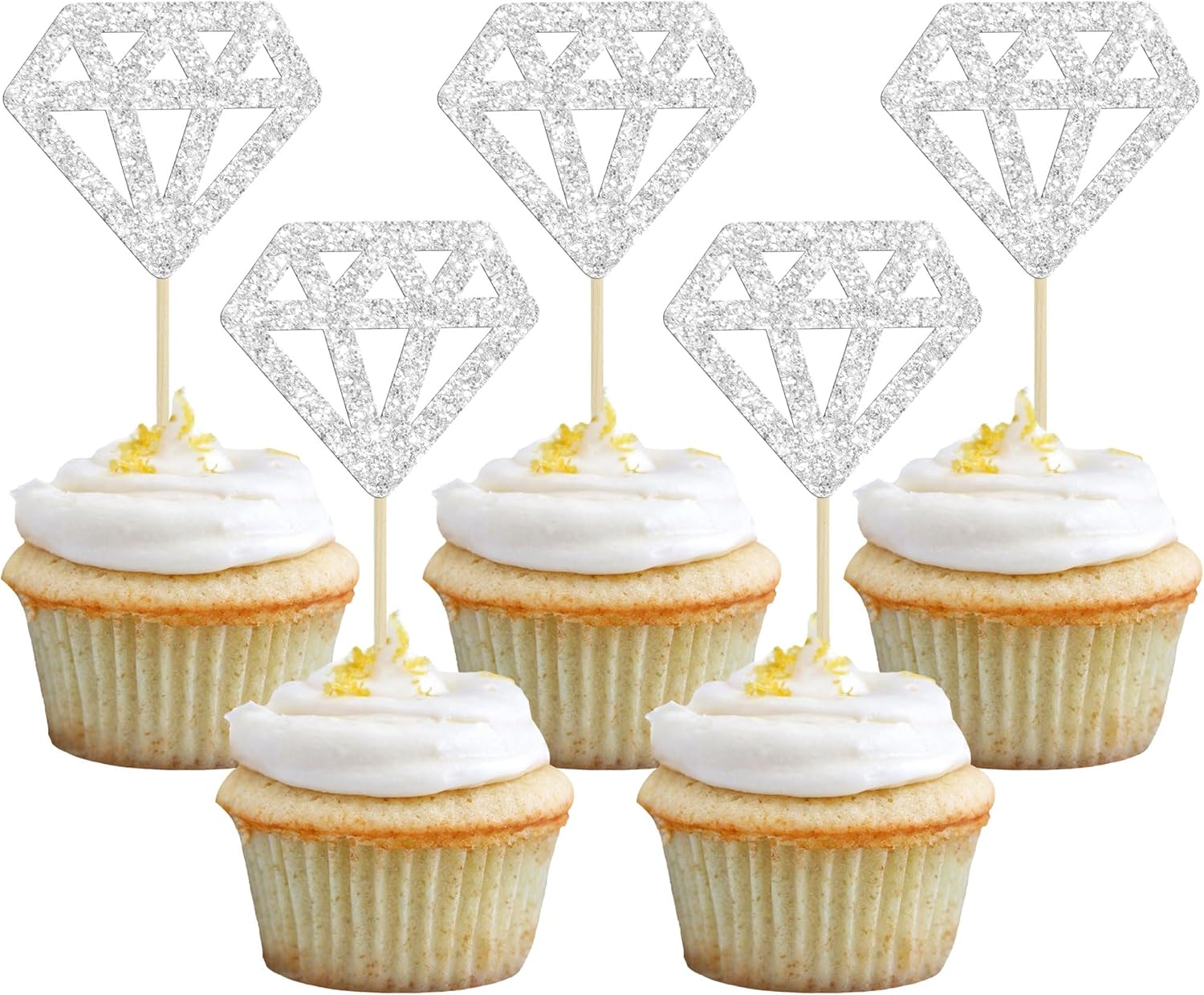24Pcs Diamond Ring Cupcake Toppers Silver Glitter Diamond Wedding Ring Cupcake Picks for Marriage Engagement Anniversary Valentines Party Cake Decorations Supplies