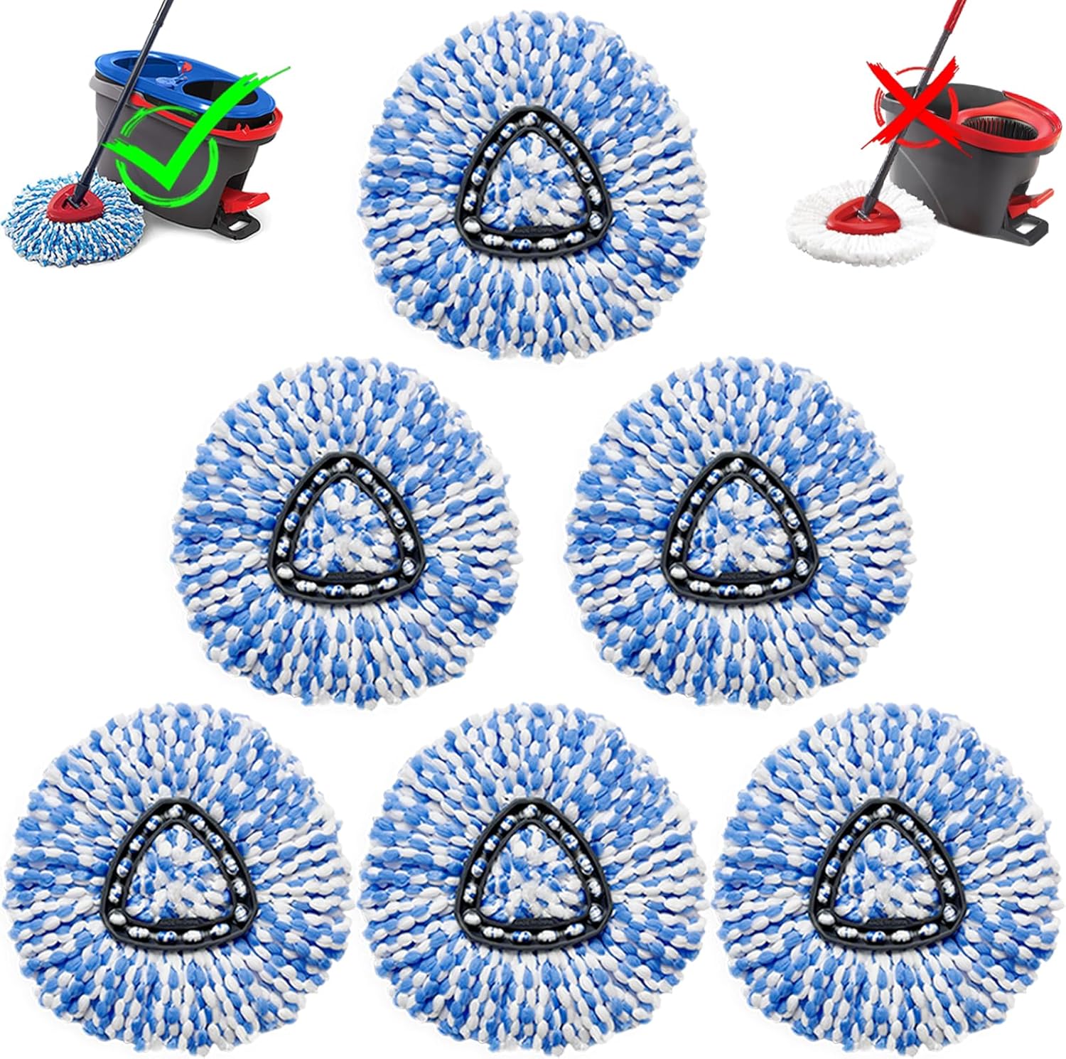 6 Pcs Spin Mop Replacement Heads, 360° Easy Wring Spin Mop 100% Microfiber Refill, Easy Cleaning Spin Mop Heads, 2 Tank System Replace Head for Easy House Cleaning Floor Mopping, Blue&White