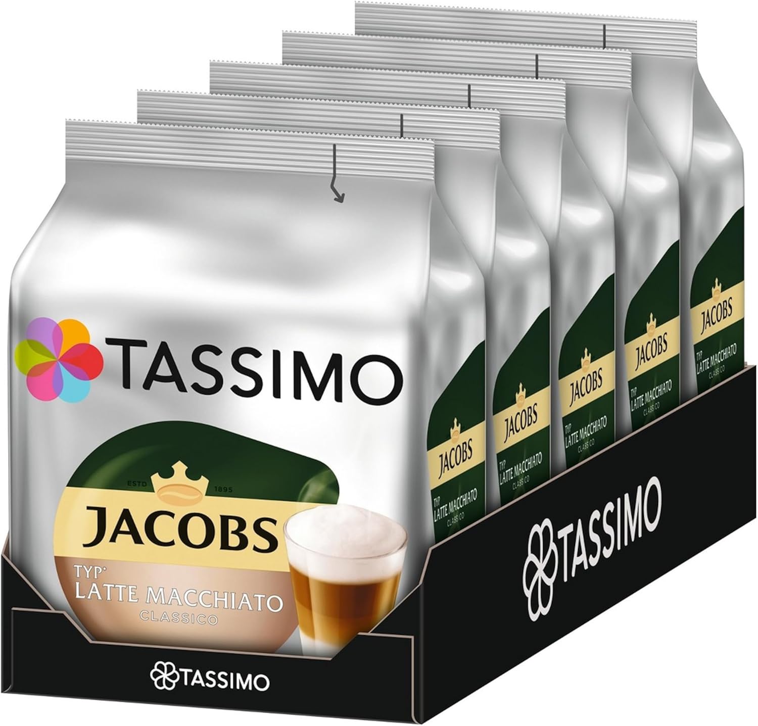 Tassimo Jacobs Latte Macchiato, Rainforest Alliance Certified, Pack of 5, 5 x 16 T-Discs (8 Servings)