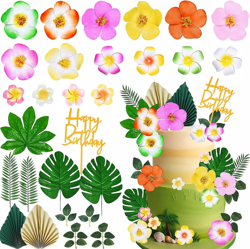 28 Pcs Hawaiian Flower Cake Toppers, Tropical Themed Cake Decorations with Flowers Palm Leaves Hibiscus for Hawaii Aloha Summer Beach Theme Wedding Birthday Party Supplies