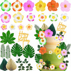 28 Pcs Hawaiian Flower Cake Toppers, Tropical Themed Cake Decorations with Flowers Palm Leaves Hibiscus for Hawaii Aloha Summer Beach Theme Wedding Birthday Party Supplies