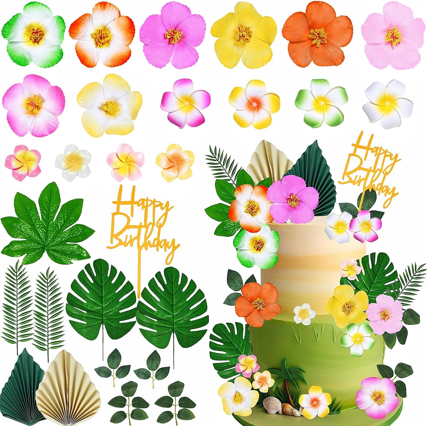28 Pcs Hawaiian Flower Cake Toppers, Tropical Themed Cake Decorations with Flowers Palm Leaves Hibiscus for Hawaii Aloha Summer Beach Theme Wedding Birthday Party Supplies
