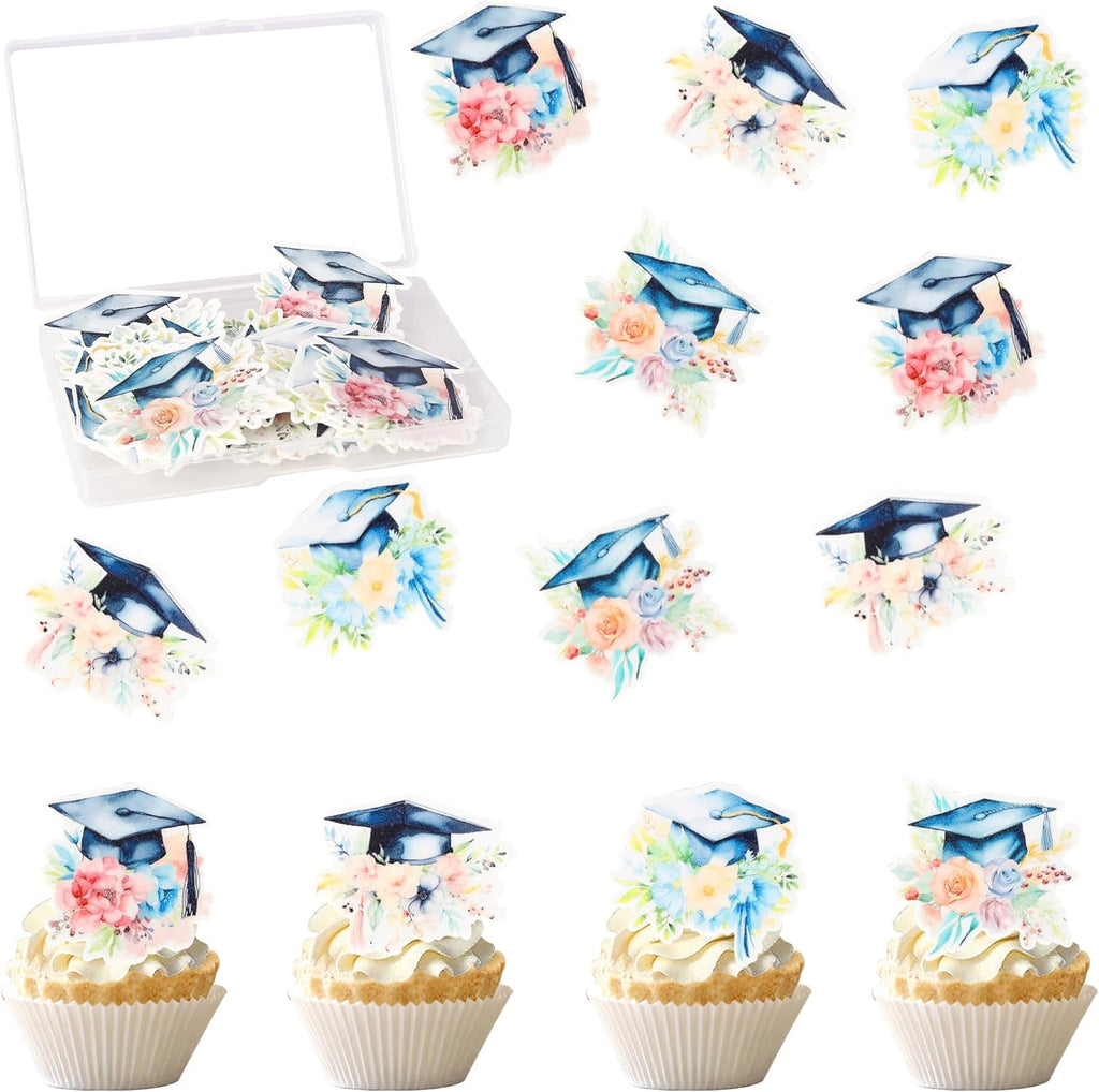 60 PCS Edible Graduation Cap Cupcake Toppers Wafer Paper 2026 Graduation Party Cake Decorations Flower Class of 2026 Grad Cap Cupcake Picks for 2026 Graduate Theme Party Food Decorations Supplies