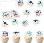 60 PCS Edible Graduation Cap Cupcake Toppers Wafer Paper 2026 Graduation Party Cake Decorations Flower Class of 2026 Grad Cap Cupcake Picks for 2026 Graduate Theme Party Food Decorations Supplies