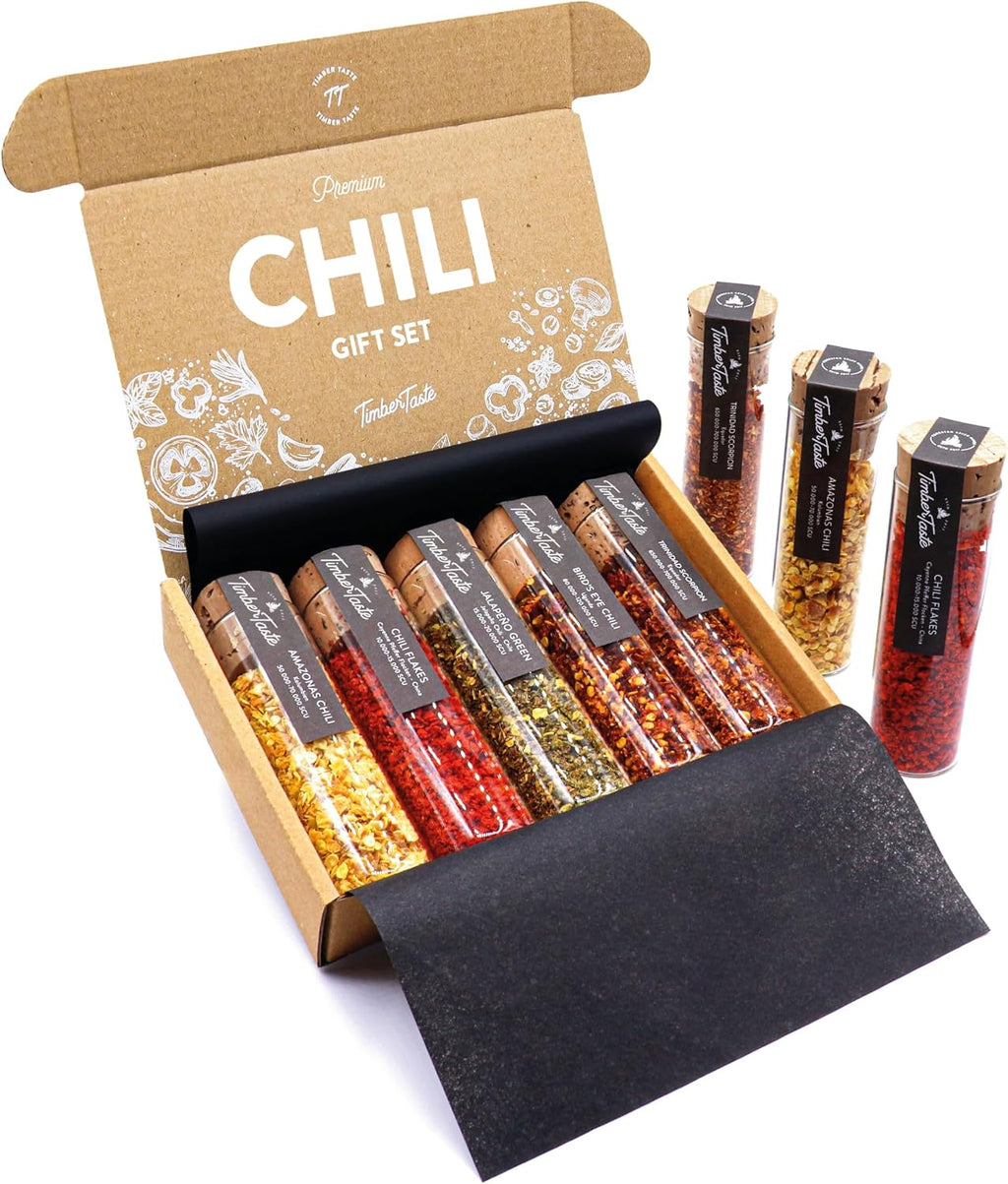TIMBER TASTE® Hot Chili Gift Set for Women [UP TO 600,000 SCOVILLE] - 5 Gourmet Spicy Seasoning Blends | Pepper Cooking Collection | Spice Sampler | Spicy Food Picks for Adults | Chili Pepper Flakes