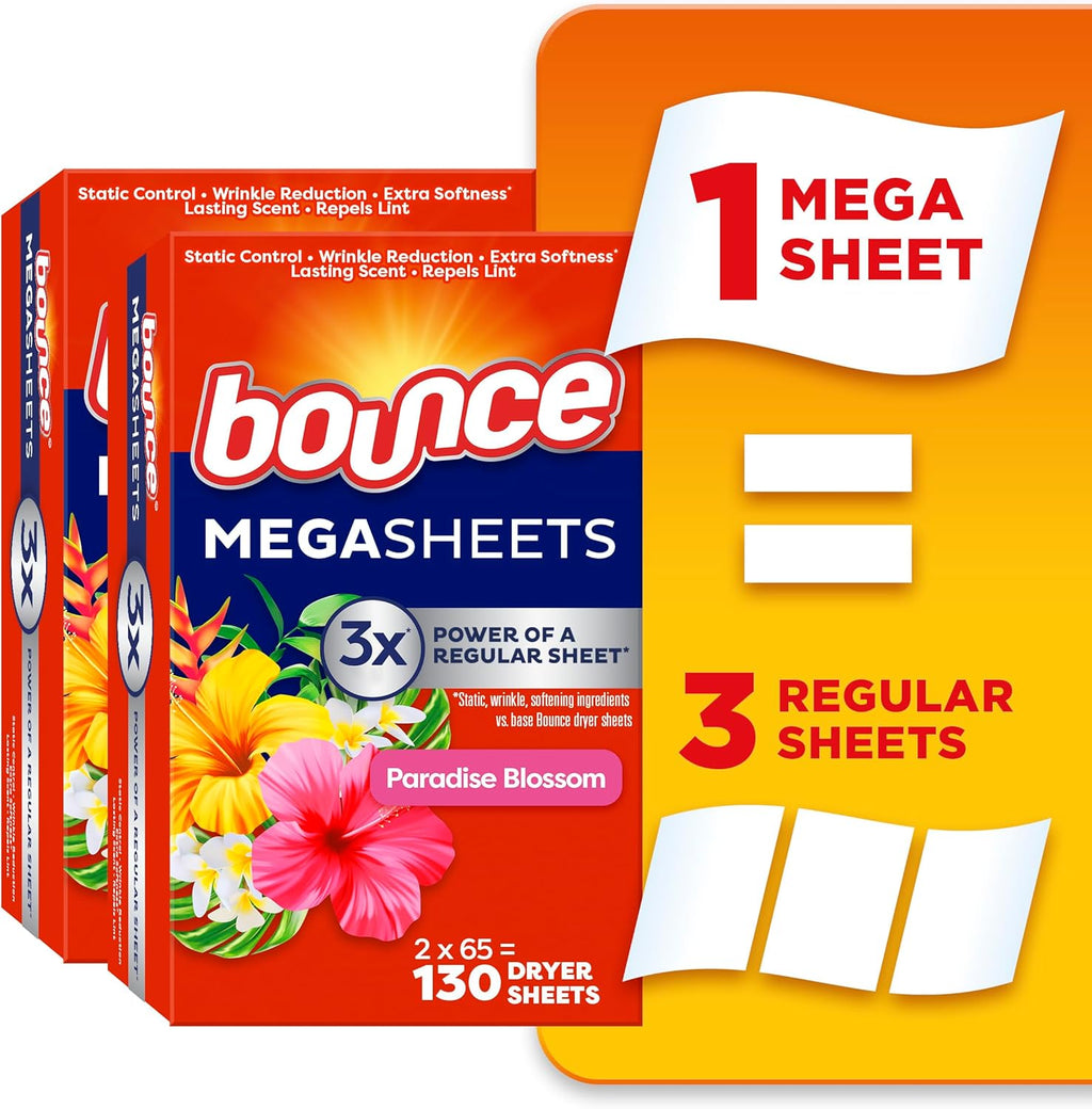 Bounce Mega Dryer Sheets, Paradise Blossom, 130 Count, Mega Fabric Softener Sheets with Static Control, Wrinkle Reduction, Extra Softness, Lasting Scent, Repels Lint