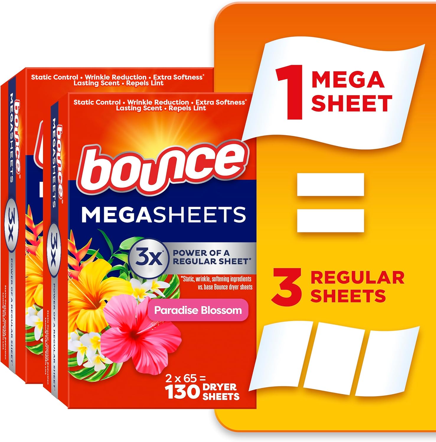 Bounce Mega Dryer Sheets, Paradise Blossom, 130 Count, Mega Fabric Softener Sheets with Static Control, Wrinkle Reduction, Extra Softness, Lasting Scent, Repels Lint