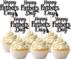 24 PCS Happy Father's Day Cupcake Toppers with Glitter Moustache Tie Super Best Dad Cupcake Picks for Happy Father's Day Theme Men Birthday Party Cake Decorations Supplies Black