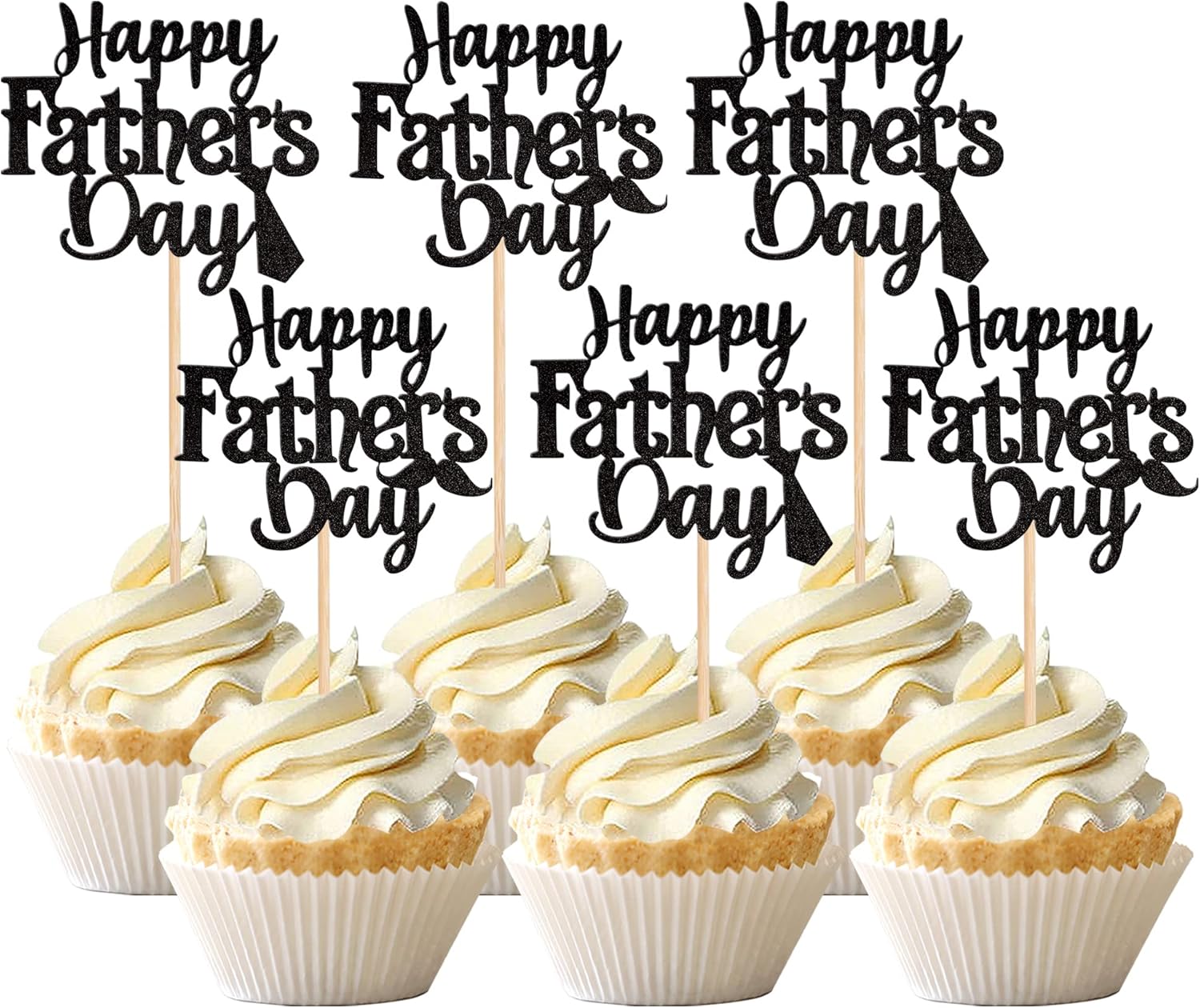 24 PCS Happy Father's Day Cupcake Toppers with Glitter Moustache Tie Super Best Dad Cupcake Picks for Happy Father's Day Theme Men Birthday Party Cake Decorations Supplies Black