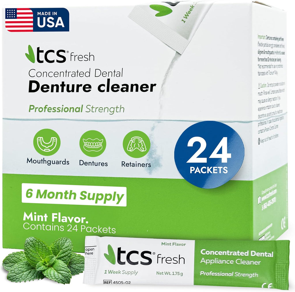 TCS Fresh Denture Cleaner – Professional Strength Concentrated Cleanser Mint Powder for Dental Cleaning – For Dentures, Night Guards, Aligners & Retainer Cleaner – 24 Packets (6 Month Supply)