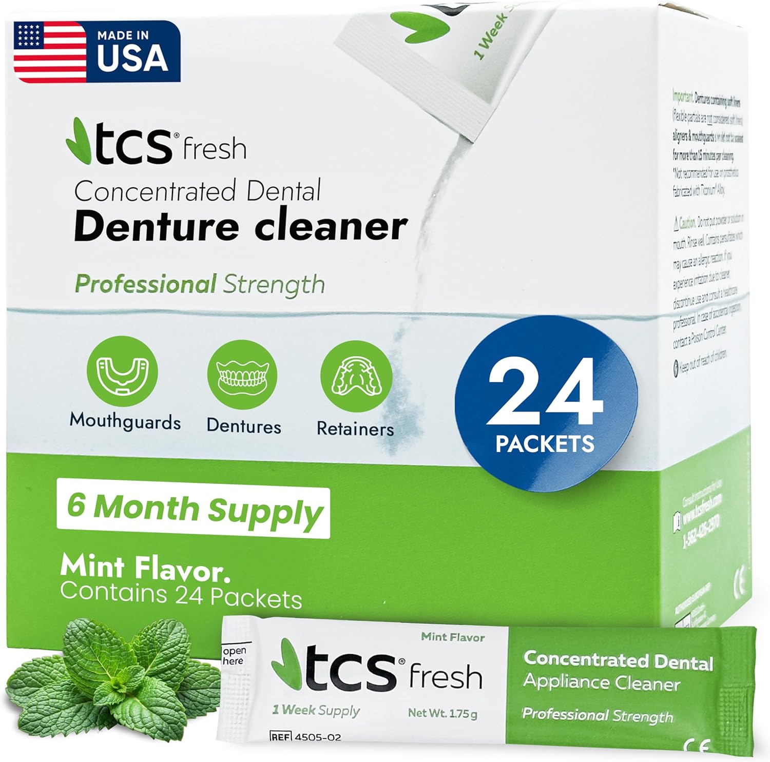 TCS Fresh Denture Cleaner – Professional Strength Concentrated Cleanser Mint Powder for Dental Cleaning – For Dentures, Night Guards, Aligners & Retainer Cleaner – 24 Packets (6 Month Supply)