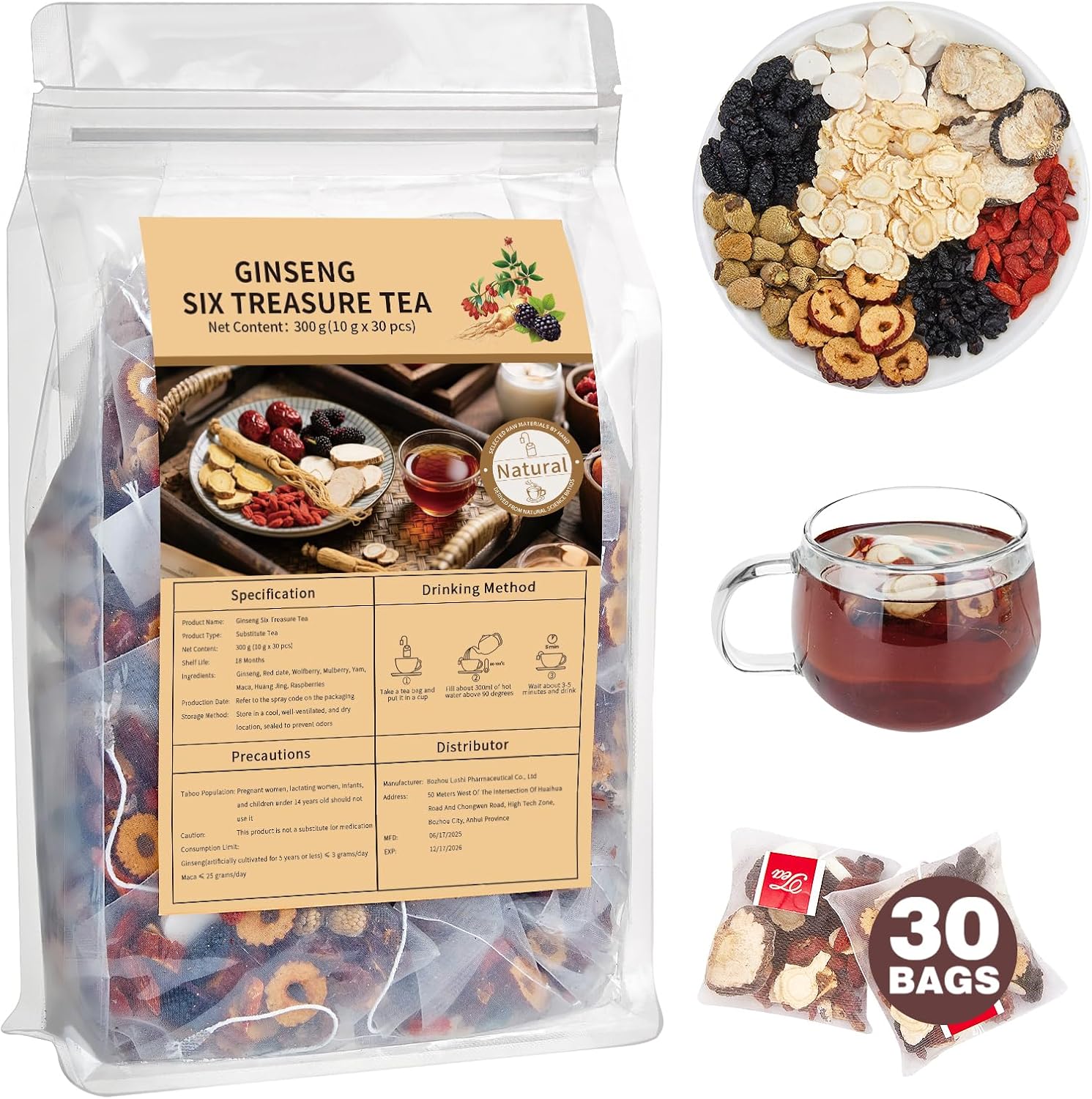 Kidney Tea Formula Ginseng Six Treasure Tea, Ginseng & Mulberry Herbal Tea, Kidney Cleanse Detox & Repair, Traditional Chinese Herbal Tea Bags, Five Treasures Teas For Men Women (30 Bags/1 Pack)