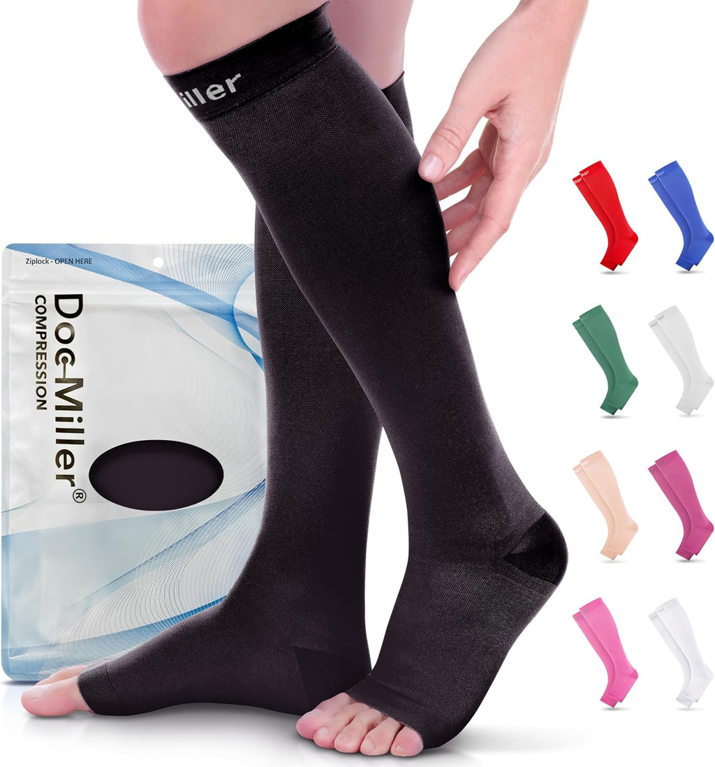 Doc Miller Open Toe Compression Socks for Women & Men 15–20 mmHg, Knee High Calf Support Sleeves, Graduated Stockings for Swelling Recovery, Circulation, 1 Pair