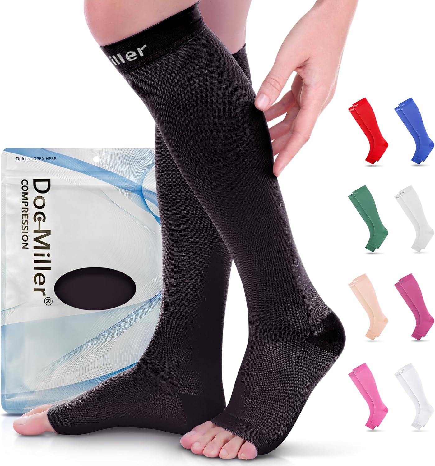 Doc Miller Open Toe Compression Socks for Women & Men 15–20 mmHg, Knee High Calf Support Sleeves, Graduated Stockings for Swelling Recovery, Circulation, 1 Pair
