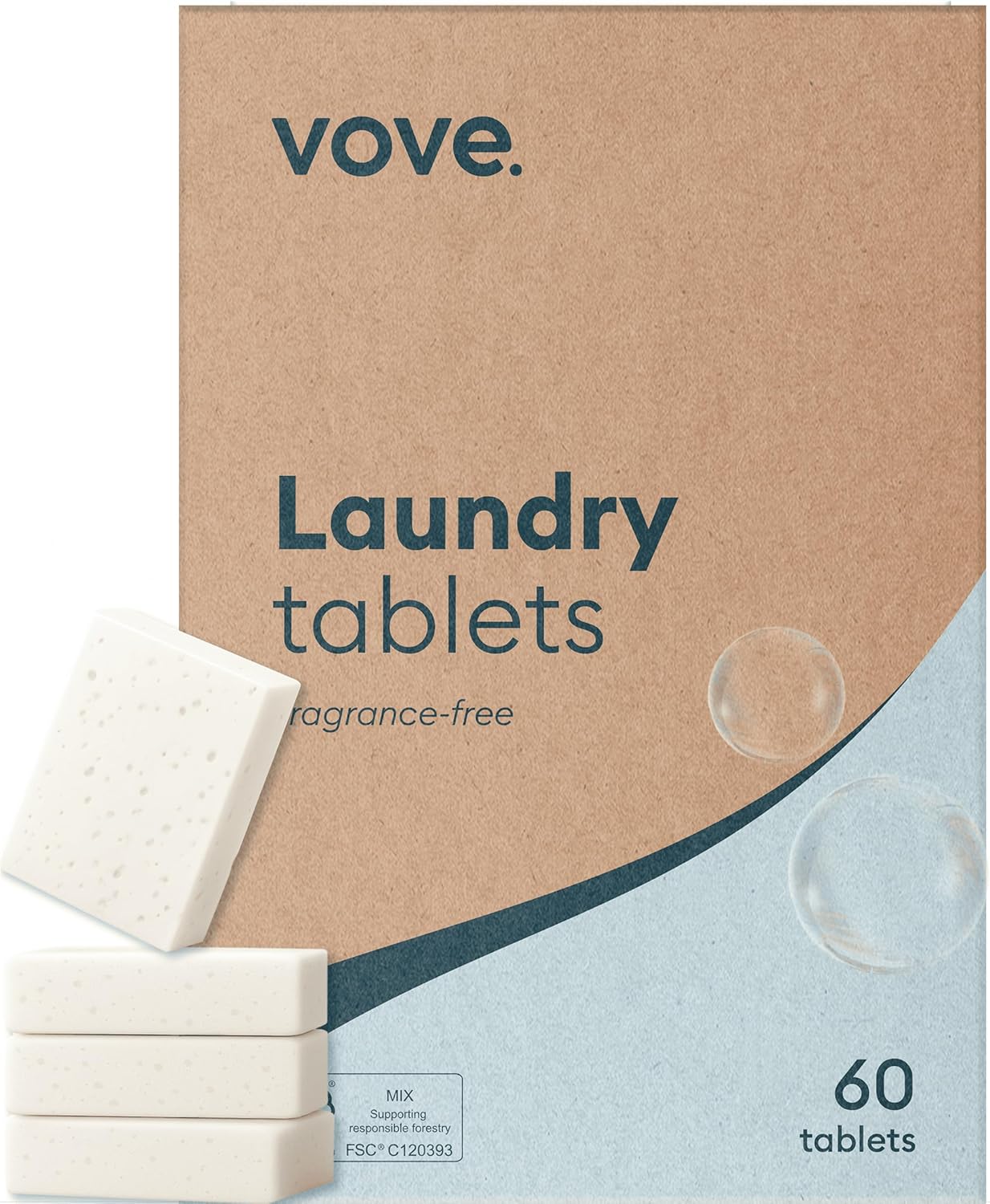 Vove Laundry Detergent Tablets, 40 Loads - Plastic-Free, PVA-Free, Zero Microplastics - Enzyme-Powered Stain Removal - Plant-Based, Fragrance-Free, Works in Cold Water, FSC-Certified Packaging