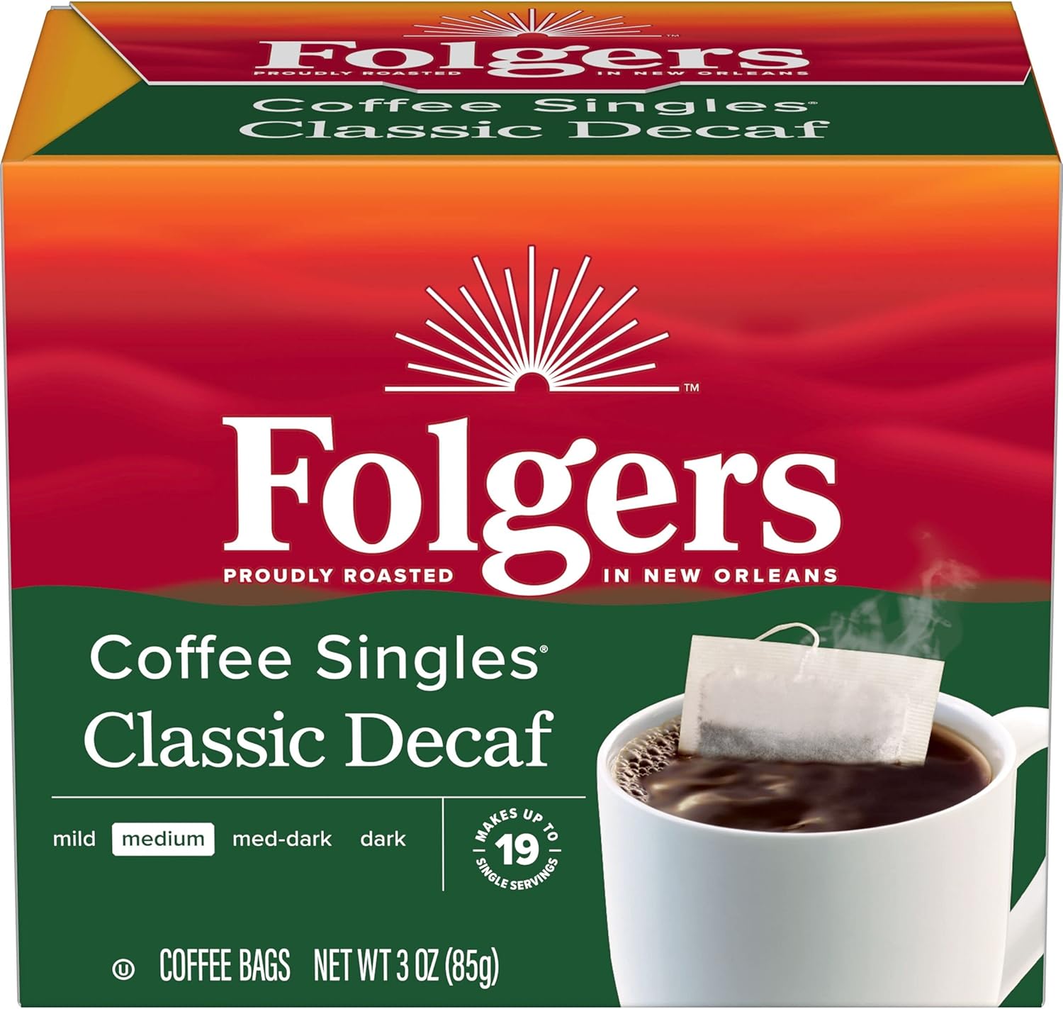 Folgers Coffee Singles Classic Decaf Medium Roast Coffee, 19 Single Serve Coffee Bags