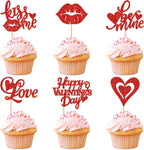 24 PCS Happy Valentine's Day Cupcake Toppers Glitter Love Heart Lip Kiss Me Love Be Mine Cupcake Picks for Valentine's Day Theme Wedding Party Cake Decorations Supplies Red
