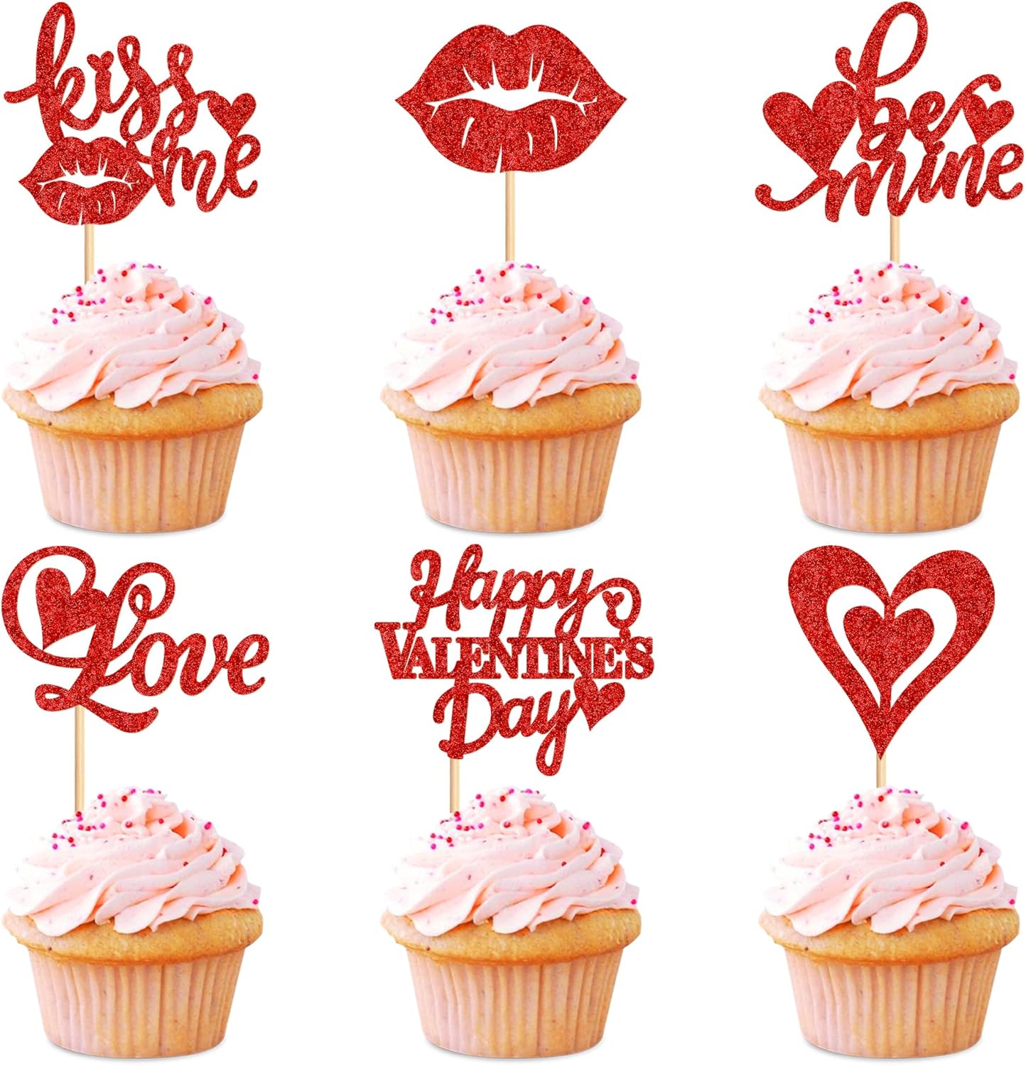 24 PCS Happy Valentine's Day Cupcake Toppers Glitter Love Heart Lip Kiss Me Love Be Mine Cupcake Picks for Valentine's Day Theme Wedding Party Cake Decorations Supplies Red