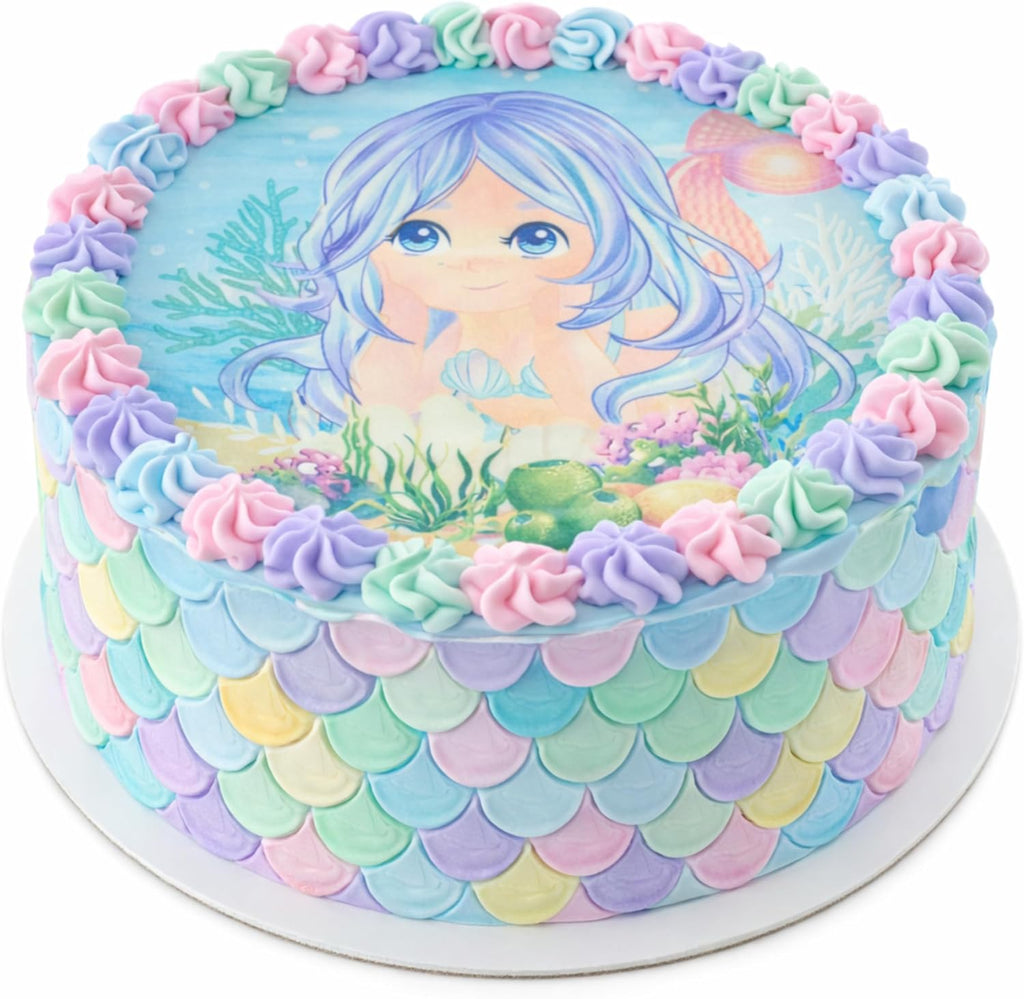 Dekora, Edible Mermaid Cake Decorations, Edible Cake Toppers Decoration for Girls Birthday, Mermaid Image Sheet for DIY Cake Decorating, 7.8-Inch Round Wafer Paper, Sugar-Free