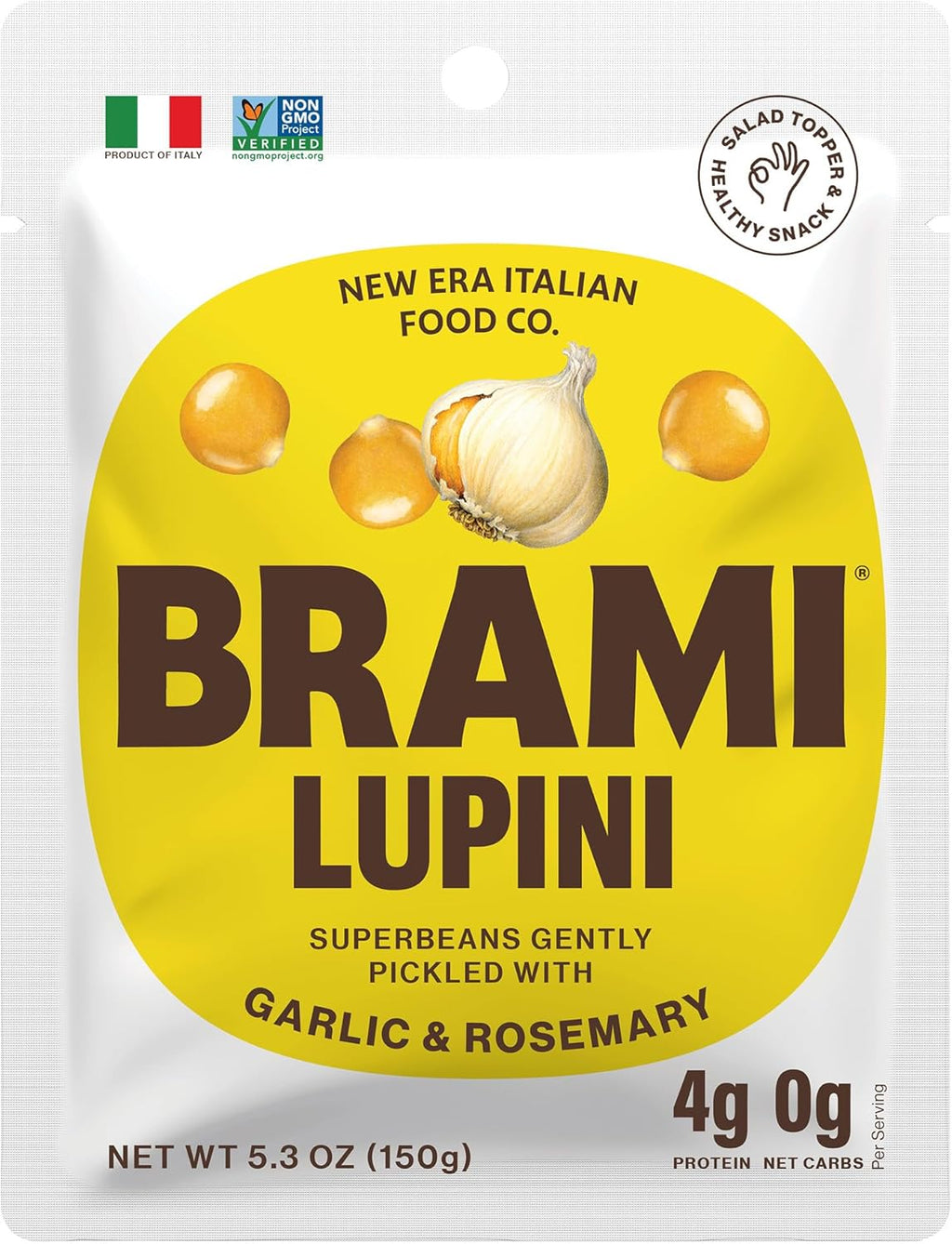 BRAMI Lupini Beans Snacks, Garlic & Rosemary | 7g Plant Protein, 0g Net Carbs | Vegan, Vegetarian, Keto, Plant Based, Mediterranean Diet, Healthy Snacks, Non Perishable, 5.3 Ounce (Pack of 1)