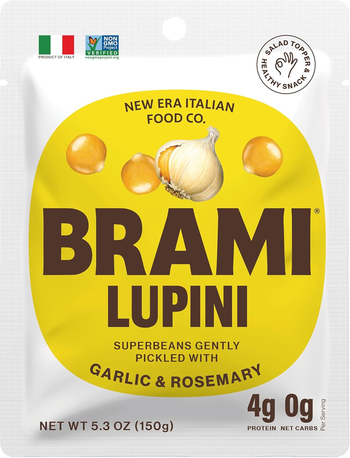 BRAMI Lupini Beans Snacks, Garlic & Rosemary | 7g Plant Protein, 0g Net Carbs | Vegan, Vegetarian, Keto, Plant Based, Mediterranean Diet, Healthy Snacks, Non Perishable, 5.3 Ounce (Pack of 1)