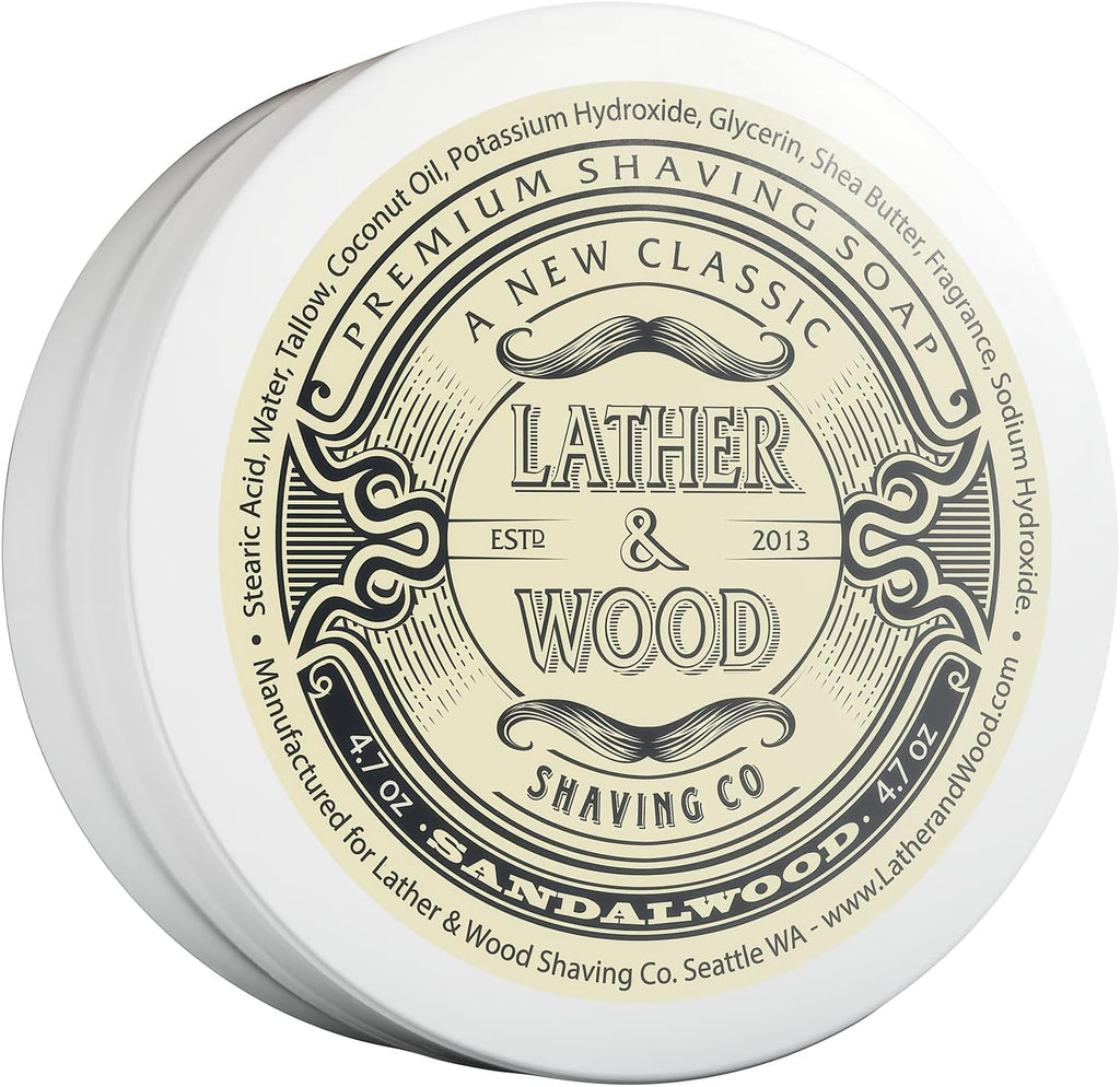 Lather & Wood Shaving Soap - Sandalwood - Simply The Best Luxury Shaving Cream - Tallow - Dense Lather with Fantastic Scent for The Worlds Best Wet Shaving Routine. 4.6 oz (Sandalwood)