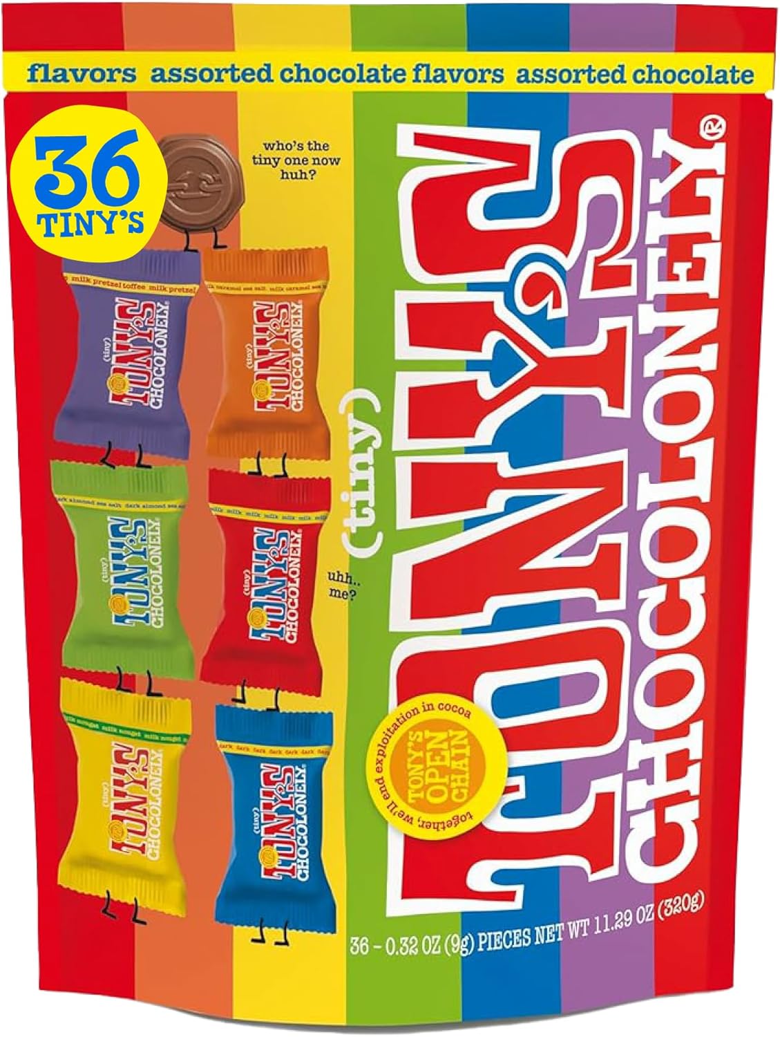 Tony’s Chocolonely Assorted Chocolate Candy Pieces, Belgian Milk & Dark Chocolate, Caramel Sea Salt, Almond Sea Salt, Honey Almond Nougat, Pretzel Toffee, Quality Fairtrade Cocoa, 36 Count, 11.28 Oz