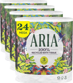Aria 100% Recycled Toilet Paper, 24 Rolls, 3-Ply Soft Bath Tissue, Paper Packaging