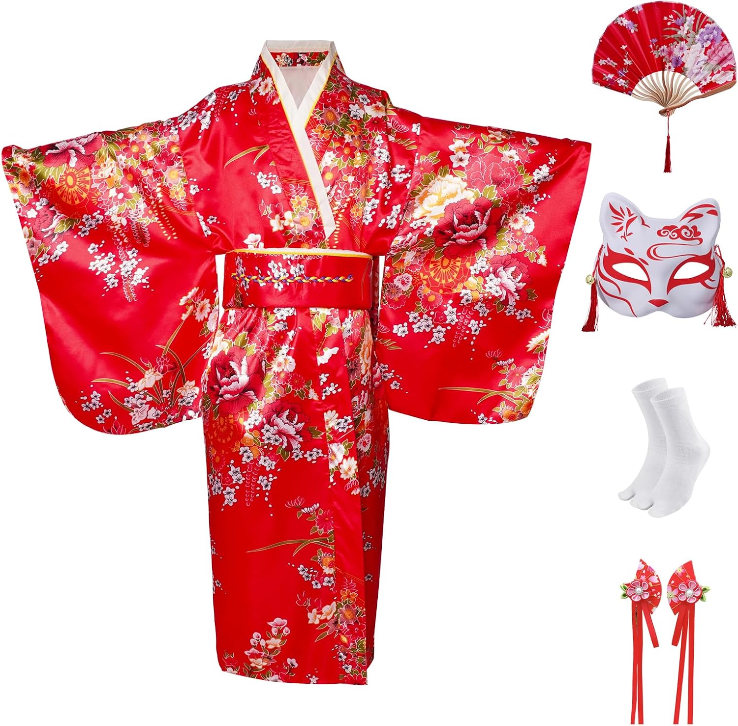 Halloween Costumes for Girls Japanese Anime Kimono Geisha Robe Outfit with Accessories 5pcs(120CM)Red