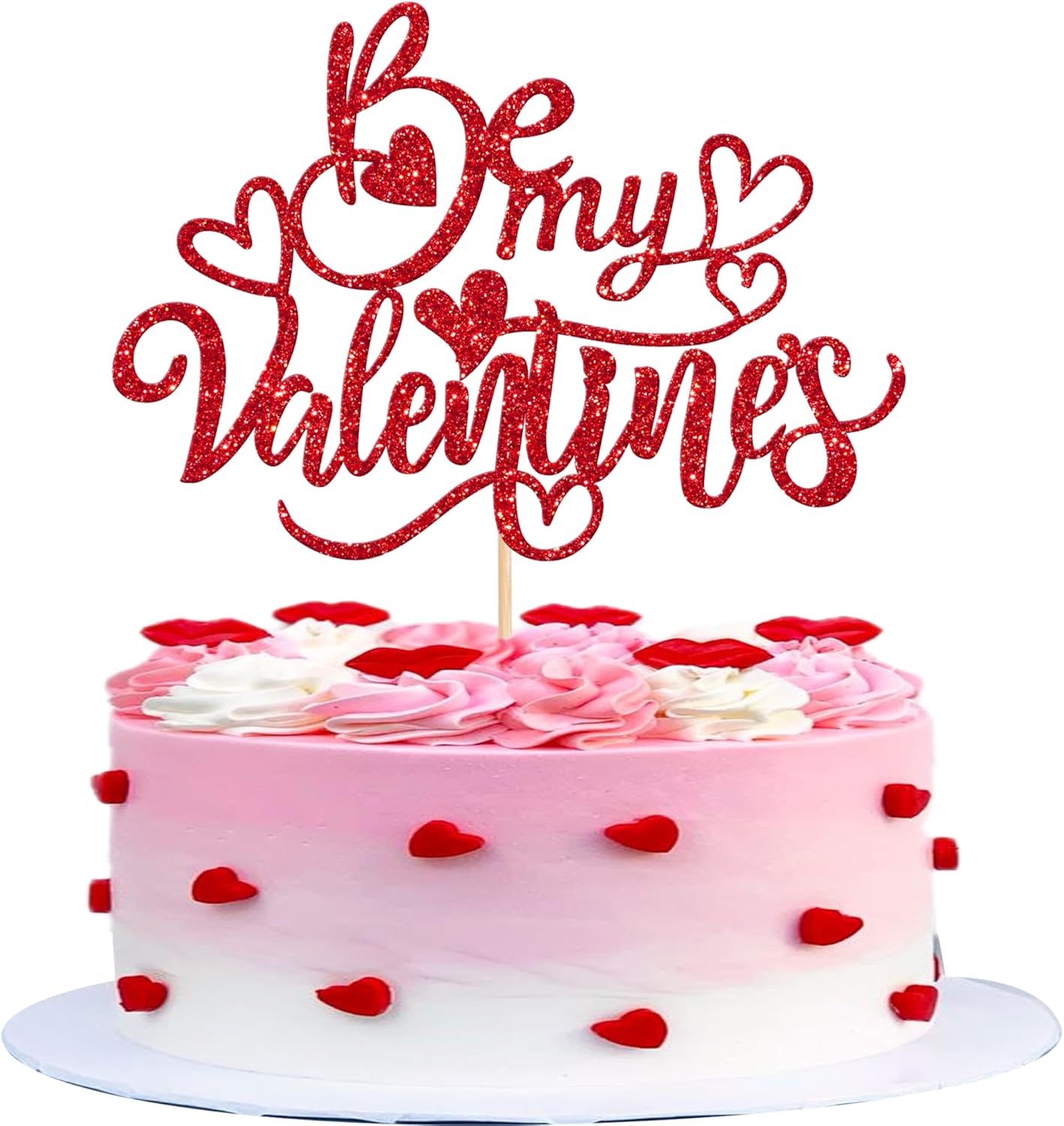 Rsstarxi 1 Pack Be My Valentine's Day Cake Topper Glitter Love Heart Happy Valentine's Day Cake Pick for Valentine's Day Theme Wedding Engagement Party Cake Decorations Supplies Red