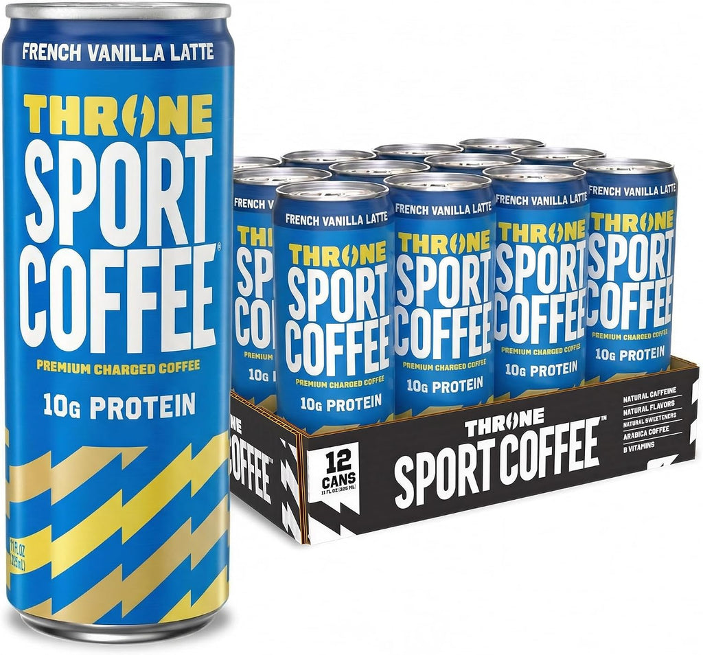 Throne Sport Coffee Latte – 10g protein - 150mg Natural Caffeine and B Vitamins – Lactose-Free, Premium Arabica, NSF Certified, Active Lifestyles – French Vanilla, 12 Pack
