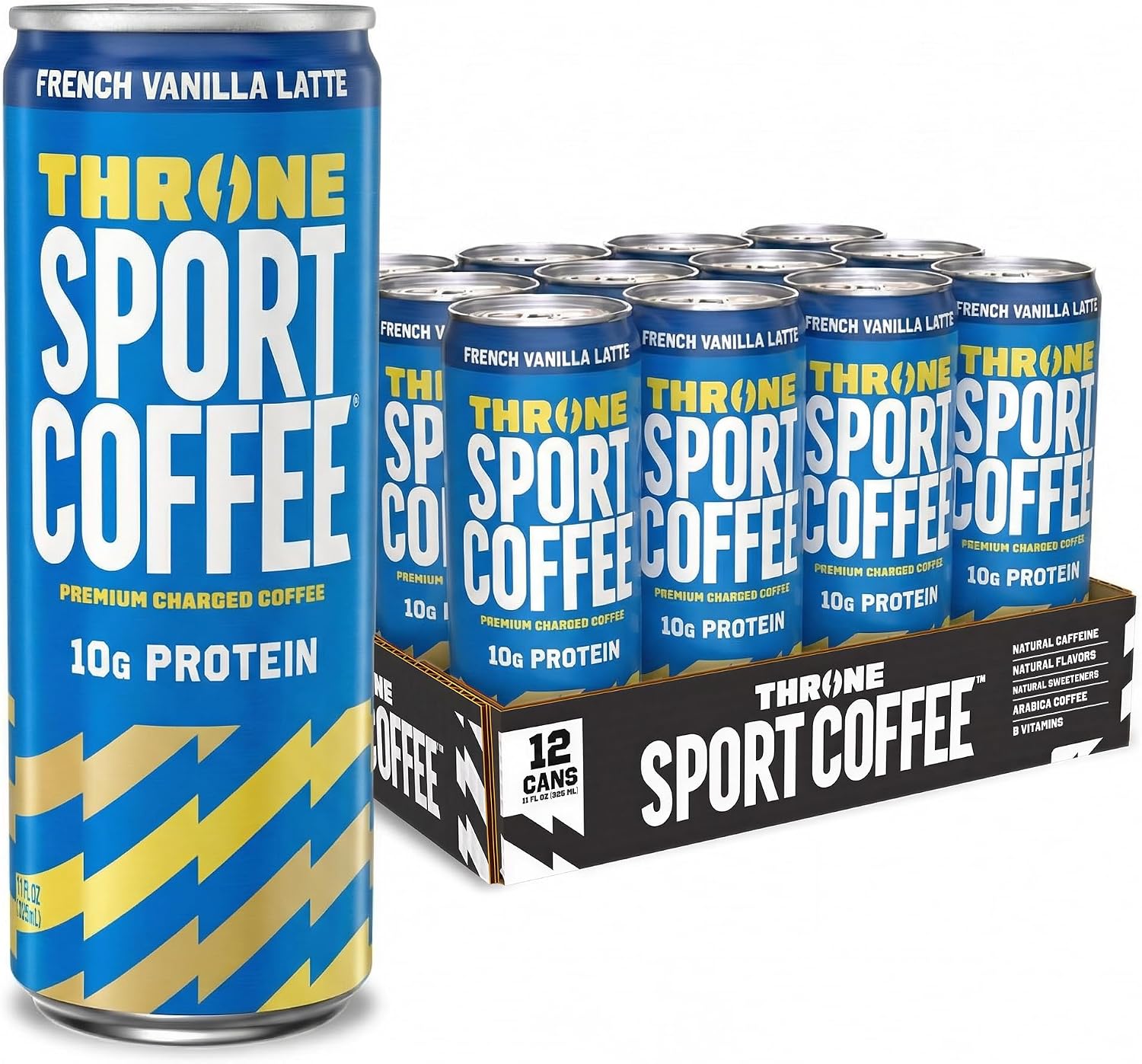 Throne Sport Coffee Latte – 10g protein - 150mg Natural Caffeine and B Vitamins – Lactose-Free, Premium Arabica, NSF Certified, Active Lifestyles – French Vanilla, 12 Pack