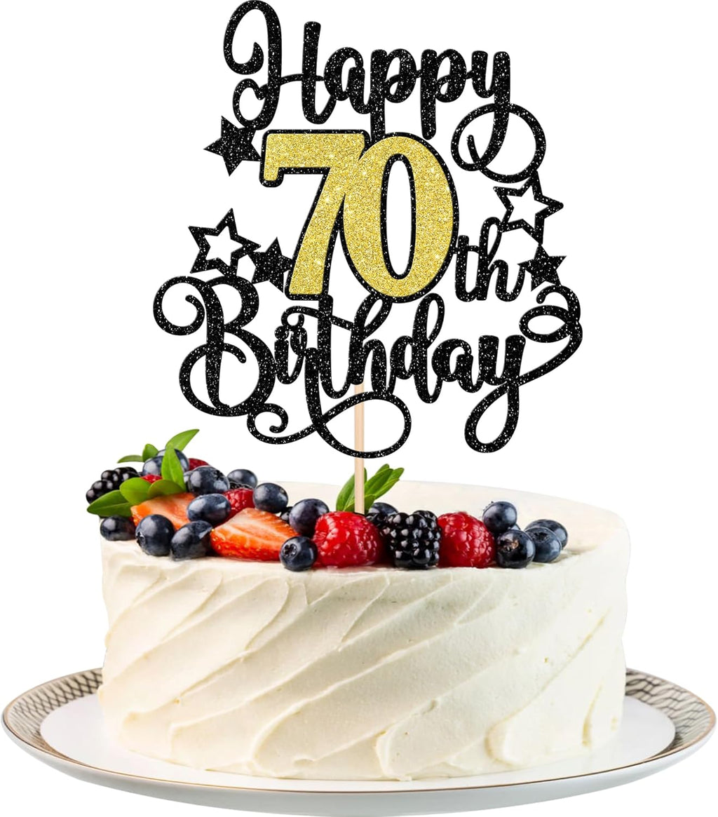 1 PCS Happy 70th Birthday Cake Topper Black Gold Glitter Cheers to 70 Years Birthday Cake Pick Hello 70 Fabulous Cake Decoration for Happy 70th Birthday Anniversary Party Decorations Supplies