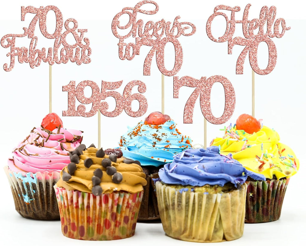 Gyufise 30Pcs 70th Birthday Cupcake Toppers 70 Fabulous Cupcake Picks Cheers to 70 1956 Cake Decorations for Happy 70th Birthday Wedding Anniversary Party Decoration Supplies Rose Gold