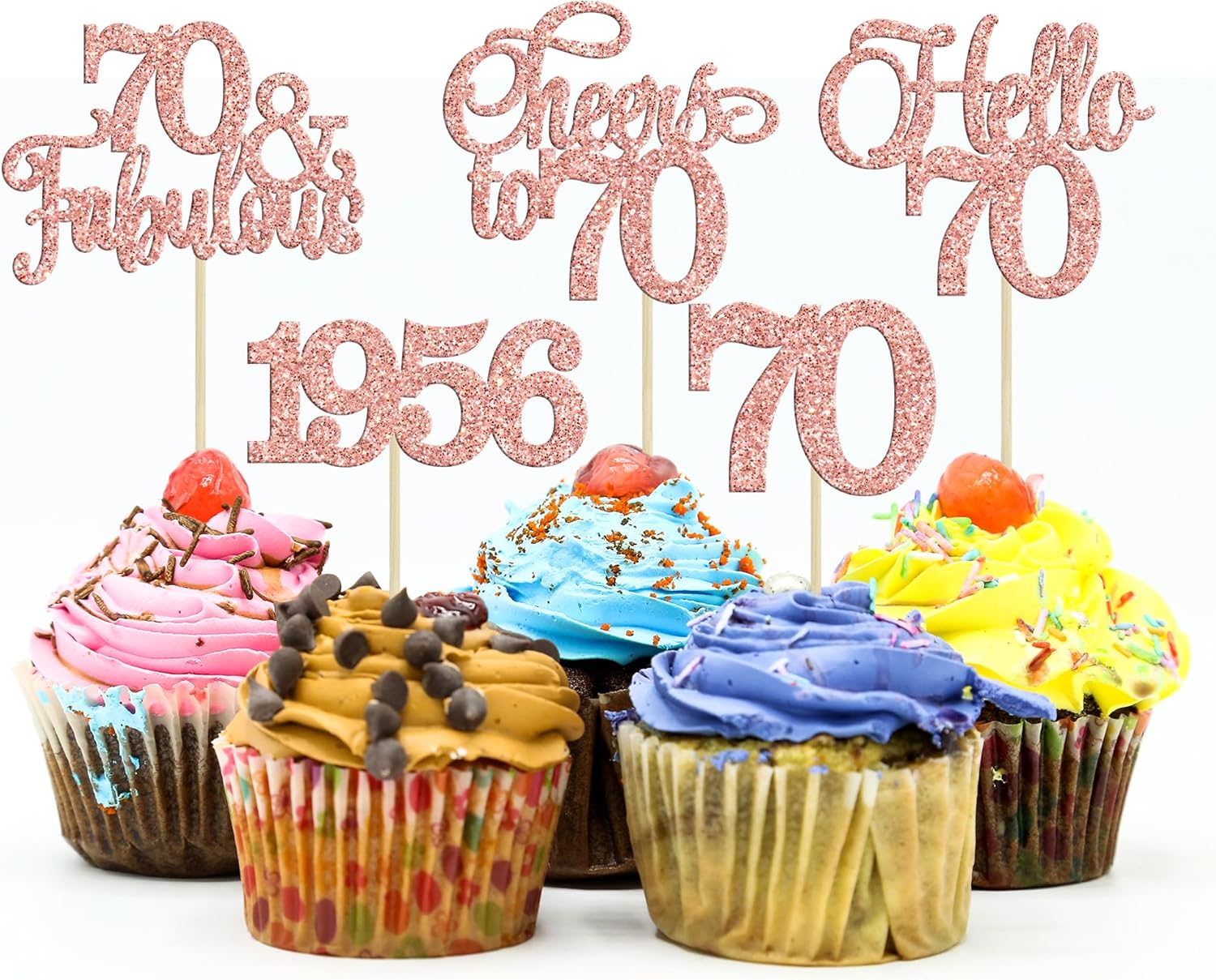 Gyufise 30Pcs 70th Birthday Cupcake Toppers 70 Fabulous Cupcake Picks Cheers to 70 1956 Cake Decorations for Happy 70th Birthday Wedding Anniversary Party Decoration Supplies Rose Gold