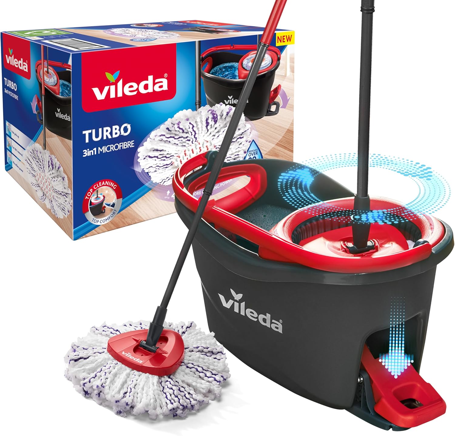 Vileda Turbo 3 in 1 with Microfibre Pad, Spin Mop for Cleaning Floors, Set of 1x Mop and 1x Bucket