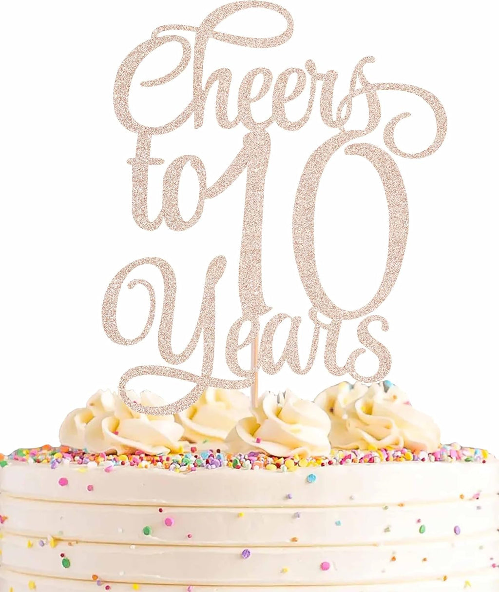 Cheers to 10 Years Cake Topper - Rose Gold Glitter Children's 10th Birthday Cake Decorating Supplies - Blessed 10 Years Wedding, Anniversary Party Decorations, Photo Booth Props