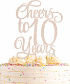 Cheers to 10 Years Cake Topper - Rose Gold Glitter Children's 10th Birthday Cake Decorating Supplies - Blessed 10 Years Wedding, Anniversary Party Decorations, Photo Booth Props