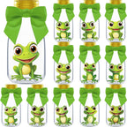 Ethisa Small 12 Pack Frog Party Favors - DIY Candy Jars with Ribbons and Stickers - Party Decoration Bottles for Birthday, and Baby Shower - Toad Theme Table Centerpieces