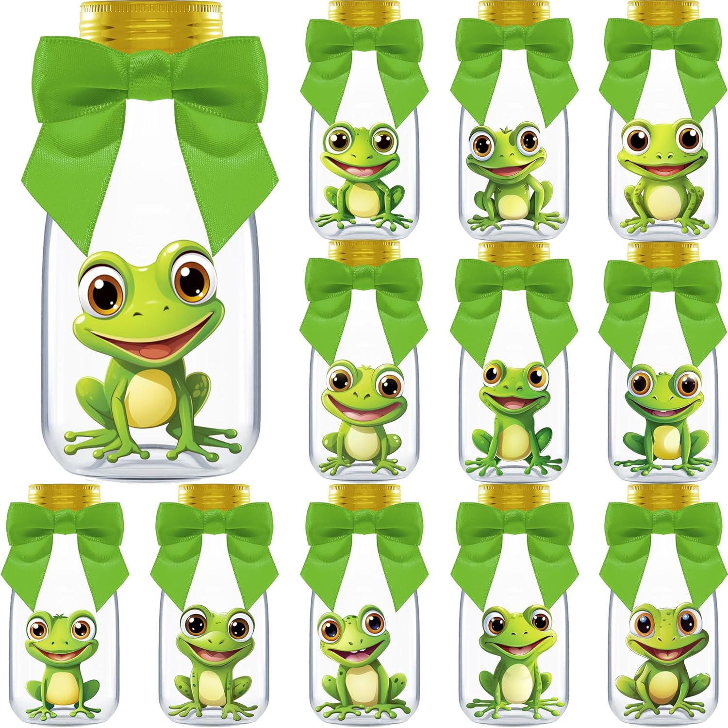 Ethisa Small 12 Pack Frog Party Favors - DIY Candy Jars with Ribbons and Stickers - Party Decoration Bottles for Birthday, and Baby Shower - Toad Theme Table Centerpieces