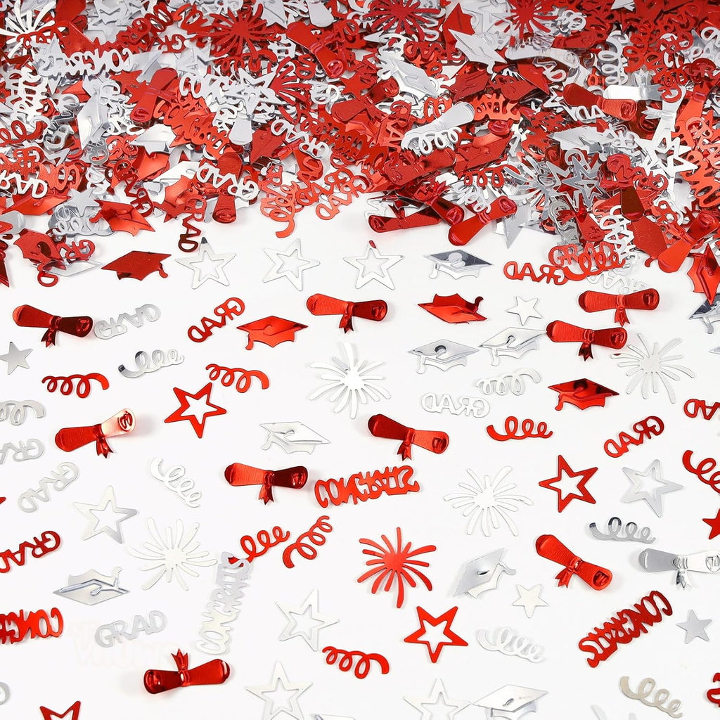 VHUWE Graduation Confetti, Red Silver Congrats Grad Confetti In Various Shapes for Congratulations Graduation Party Table Centerpiece Decorations Class of 2026 Decoration