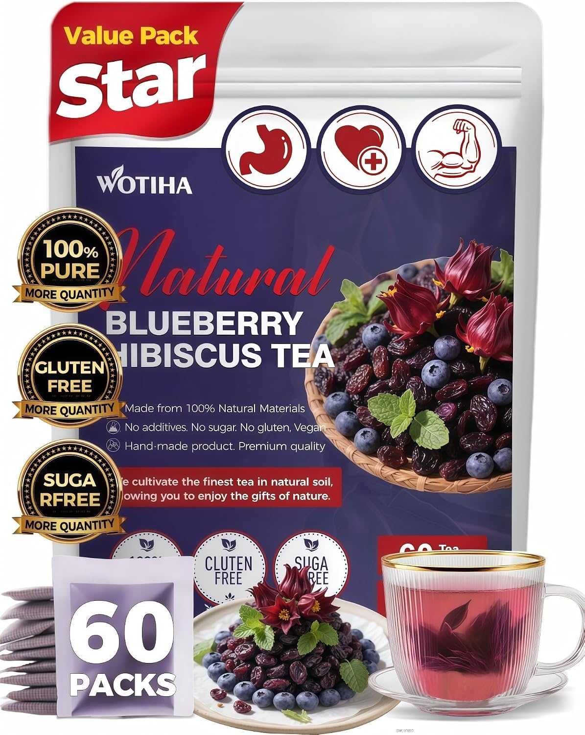 WOTIHA 60 Count Premium Blueberry Hibiscus Tea Bags - 100% Natural, Sweet & Tangy Flavor, Rich in Antioxidants, Enjoy Hot or Iced, Caffeine-Free, Additive-Free, Sugar-Free, Vegan