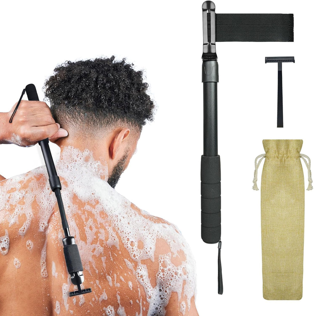 Safety Razor Extension Handle with Adjustable Length for Leg Razor,Back Shaver for Men,Multi-Function Extension Shaver Handle can be Fitted Lotion Applicator,Hair Brush for Wet or Dry - Black