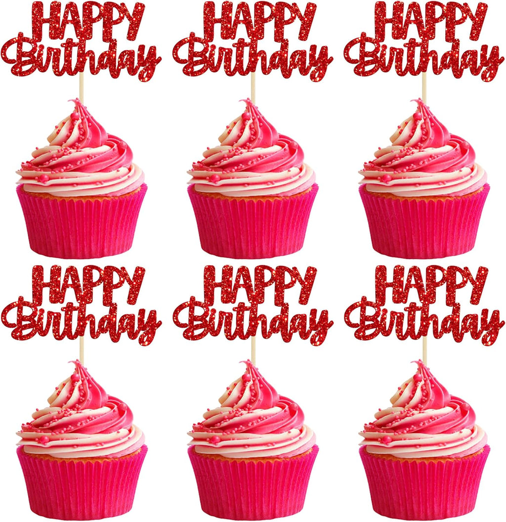Gyufise 24pcs Happy Birthday Cupcake Toppers - Glitter Cupcake Food Picks for Celebrating Theme Party Cake Decorations - Red