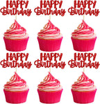 Gyufise 24pcs Happy Birthday Cupcake Toppers - Glitter Cupcake Food Picks for Celebrating Theme Party Cake Decorations - Red