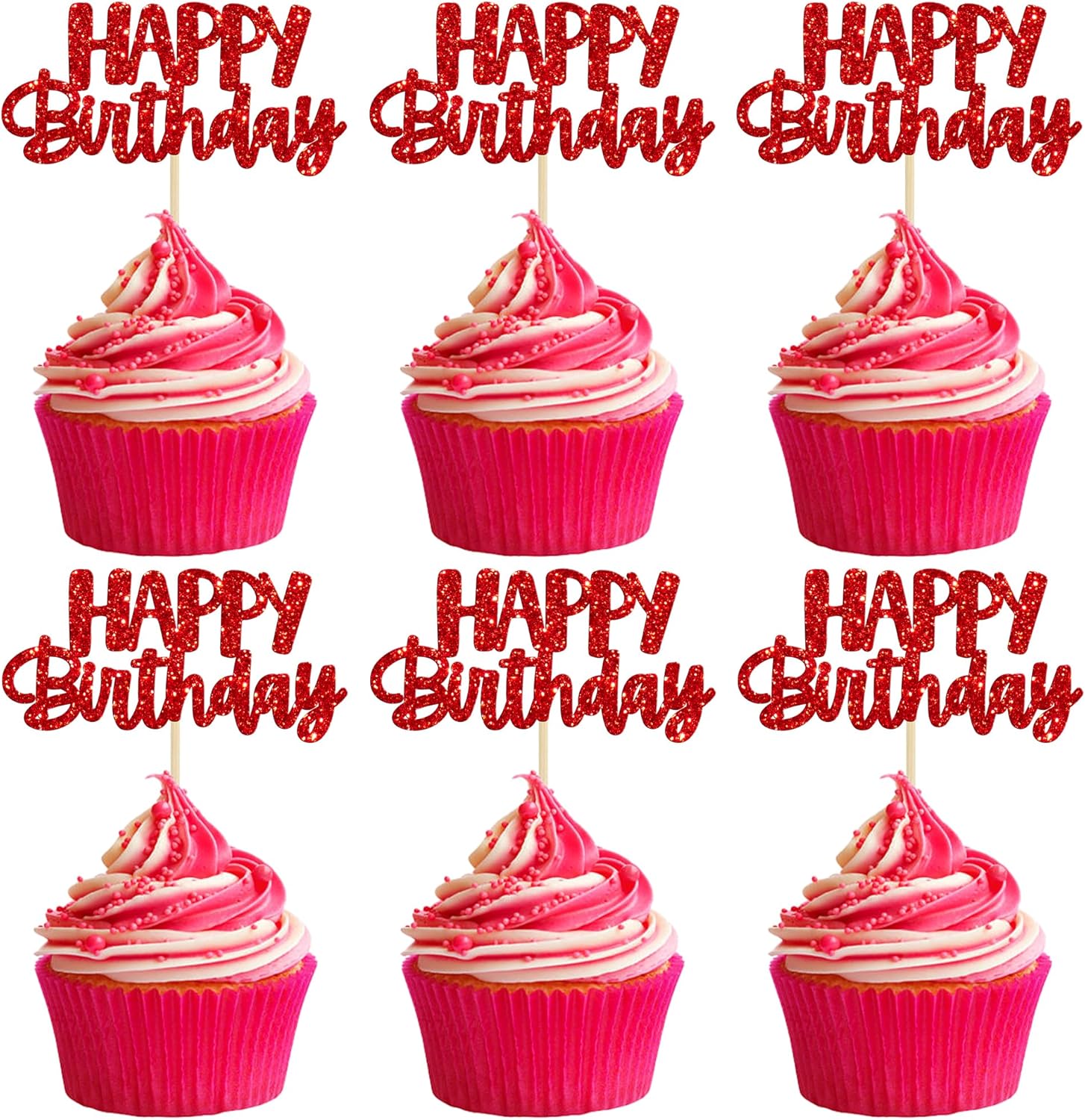 Gyufise 24pcs Happy Birthday Cupcake Toppers - Glitter Cupcake Food Picks for Celebrating Theme Party Cake Decorations - Red