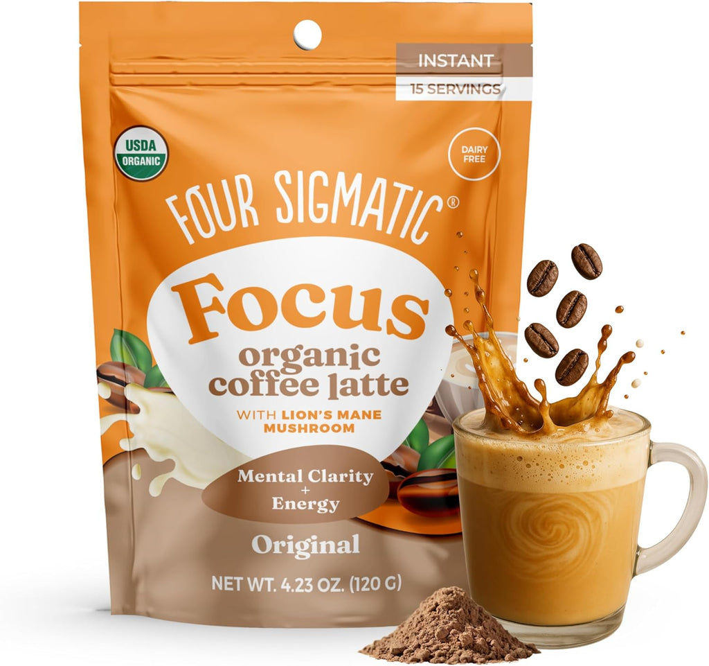 Four Sigmatic Original Focus Mushroom Coffee Latte | Plant-Based Organic Instant Latte with Lion’s Mane Mushroom for Focus and Mental Clarity | Made With Just 5 Organic Ingredients | 4.23 oz Bag