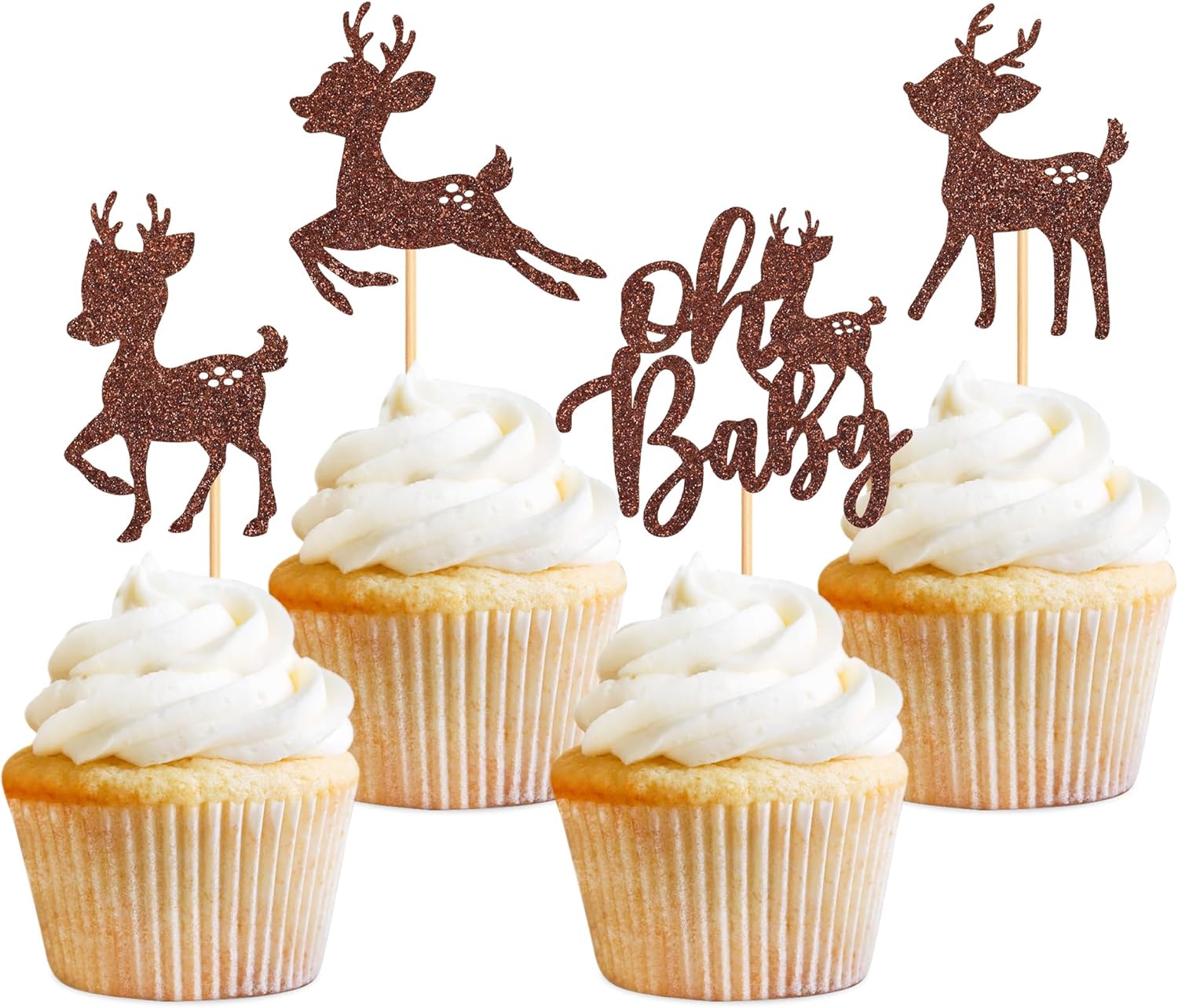 Ercadio 36 Pack Deer Cupcake Toppers Brown Glitter Deer Oh Baby Cupcake Toppers Deer Cupcake Picks for Christmas Theme Deer Birthday Baby Shower Cake Decoration Supplies